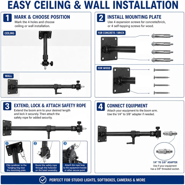Alt view image 6 of 7 - 28in Studio Light Ceiling Mount Boom Arm,Adjustable Ceiling Projector Mount