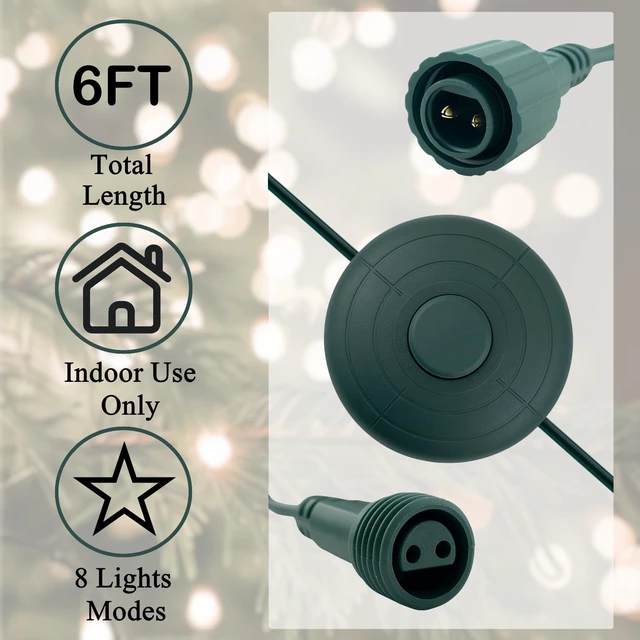 Alt view image 5 of 6 - 5/8 inch Plug Power Cord with On/Off Foot Switch 6FT w/Light Controle Module for Christmas Tree Holiday Lights Compatible Replacement for CZJUTAI Power Adapters - 8 Lights Mode