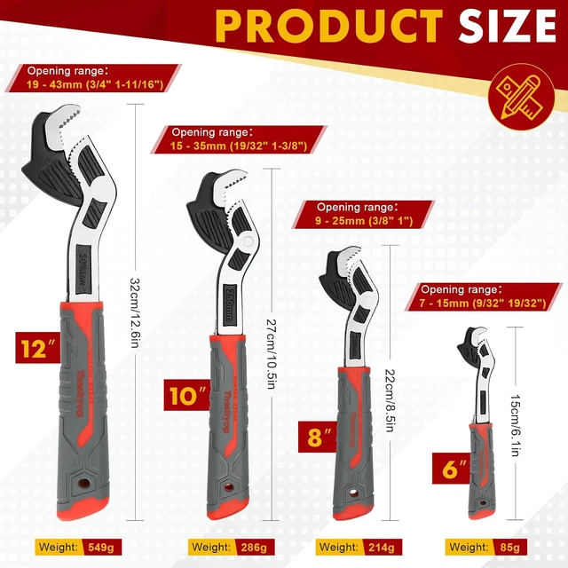 Alt view image 2 of 7 - Self Adjusting Pipe Wrench, 4 Pcs Self locking Wrench, 6 8 10 12 Inch Pipe Wrench Set, Plumbing Wrench for 0.27-1.7(7-43mm) Pipe Fittings and Nuts, Chrome Vanadium Alloy Steel