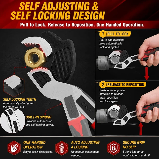 Alt view image 3 of 7 - Self Adjusting Pipe Wrench, 4 Pcs Self locking Wrench, 6 8 10 12 Inch Pipe Wrench Set, Plumbing Wrench for 0.27-1.7(7-43mm) Pipe Fittings and Nuts, Chrome Vanadium Alloy Steel