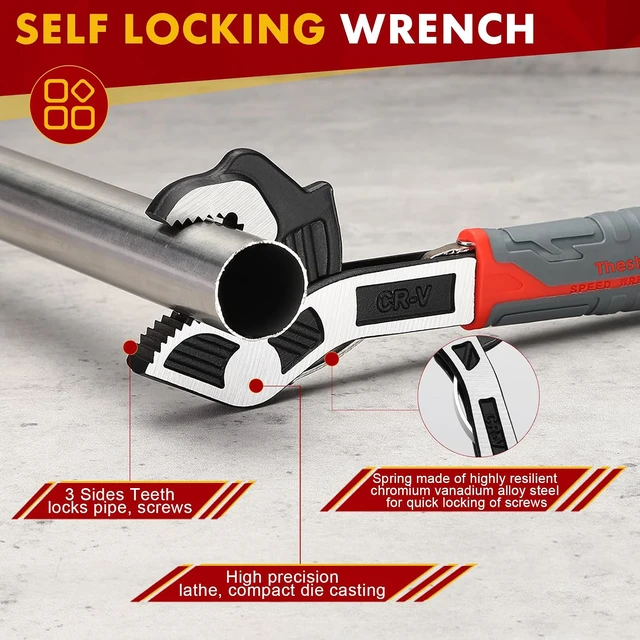 Alt view image 4 of 7 - Self Adjusting Pipe Wrench, 4 Pcs Self locking Wrench, 6 8 10 12 Inch Pipe Wrench Set, Plumbing Wrench for 0.27-1.7(7-43mm) Pipe Fittings and Nuts, Chrome Vanadium Alloy Steel