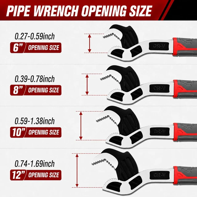 Alt view image 5 of 7 - Self Adjusting Pipe Wrench, 4 Pcs Self locking Wrench, 6 8 10 12 Inch Pipe Wrench Set, Plumbing Wrench for 0.27-1.7(7-43mm) Pipe Fittings and Nuts, Chrome Vanadium Alloy Steel