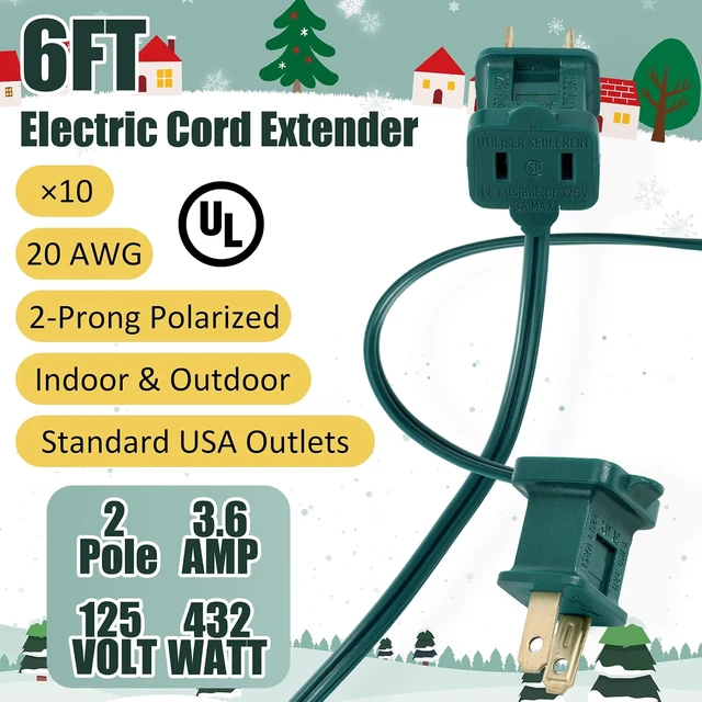 Alt view image 2 of 7 - 10 Pack 6 ft Green Ul Indoor Extension Cord 2 Prong Electric Cord Extender Wire Plug in and End Ac 120 Volts for Outdoor Christmas Connect or Extend String Lights