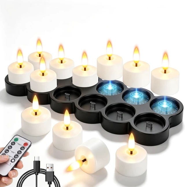Main image of 12 Pcs Rechargeable Flameless Candles with Remote Timer & Charging Base