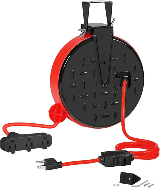 Main image of 30 Ft Retractable Extension Cord Reel, 16/3 Gauge SJTW Power Cord with 3 Electrical Outlets Pigtail for Garage and Shop, 10 Amp Circuit Breaker, Metal Plate, UL Listed, Red R30CR06