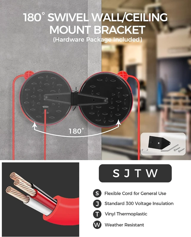 Alt view image 4 of 7 - 30 Ft Retractable Extension Cord Reel, 16/3 Gauge SJTW Power Cord with 3 Electrical Outlets Pigtail for Garage and Shop, 10 Amp Circuit Breaker, Metal Plate, UL Listed, Red R30CR06