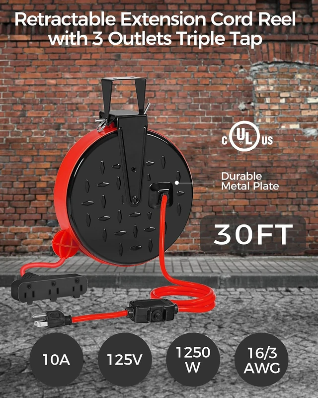 Alt view image 5 of 7 - 30 Ft Retractable Extension Cord Reel, 16/3 Gauge SJTW Power Cord with 3 Electrical Outlets Pigtail for Garage and Shop, 10 Amp Circuit Breaker, Metal Plate, UL Listed, Red R30CR06