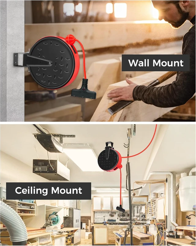 Alt view image 3 of 7 - 30 Ft Retractable Extension Cord Reel, 16/3 Gauge SJTW Power Cord with 3 Electrical Outlets Pigtail for Garage and Shop, 10 Amp Circuit Breaker, Metal Plate, UL Listed, Red R30CR06