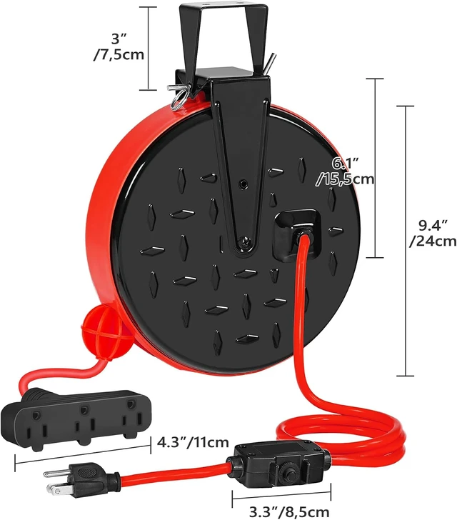 Alt view image 7 of 7 - 30 Ft Retractable Extension Cord Reel, 16/3 Gauge SJTW Power Cord with 3 Electrical Outlets Pigtail for Garage and Shop, 10 Amp Circuit Breaker, Metal Plate, UL Listed, Red R30CR06