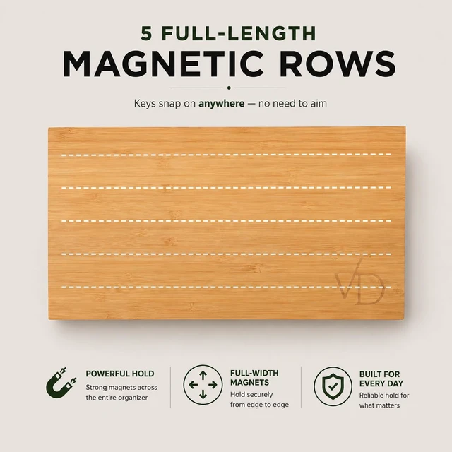 Alt view image 2 of 7 - Premium Magnetic Bamboo Key Holder for Wall, No Drill Wooden Key Rack with Strong Magnets, 3M Adhesive Entryway Organizer for Keys, Phone, Earbuds & Everyday Essentials