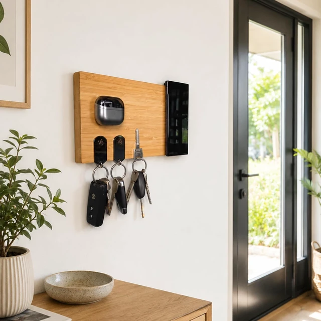 Alt view image 4 of 7 - Premium Magnetic Bamboo Key Holder for Wall, No Drill Wooden Key Rack with Strong Magnets, 3M Adhesive Entryway Organizer for Keys, Phone, Earbuds & Everyday Essentials