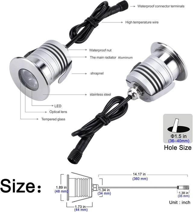 Alt view image 2 of 7 - LED Underwater Pool Lights, 3W 12V-24V DC, IP68 Waterproof, Stainless Steel Aluminum, lamp for Inground Swimming Pools Ponds Fountains Steps,Warm White (3000K)