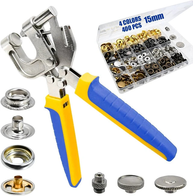 Main image of Snap Fastener Tool Kit with Built-in Punch, 400 PCS 15mm Canvas Snaps in 4 Colors, Heavy Duty Snap Button Kit for Boat Cover, Leather, Fabric, Clothing Repair Blue-Yellow Ergonomic Pliers