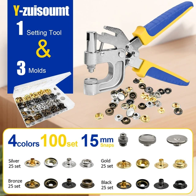 Alt view image 4 of 7 - Snap Fastener Tool Kit with Built-in Punch, 400 PCS 15mm Canvas Snaps in 4 Colors, Heavy Duty Snap Button Kit for Boat Cover, Leather, Fabric, Clothing Repair Blue-Yellow Ergonomic Pliers