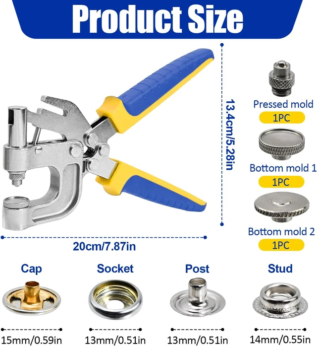Alt view image 5 of 7 - Snap Fastener Tool Kit with Built-in Punch, 400 PCS 15mm Canvas Snaps in 4 Colors, Heavy Duty Snap Button Kit for Boat Cover, Leather, Fabric, Clothing Repair Blue-Yellow Ergonomic Pliers