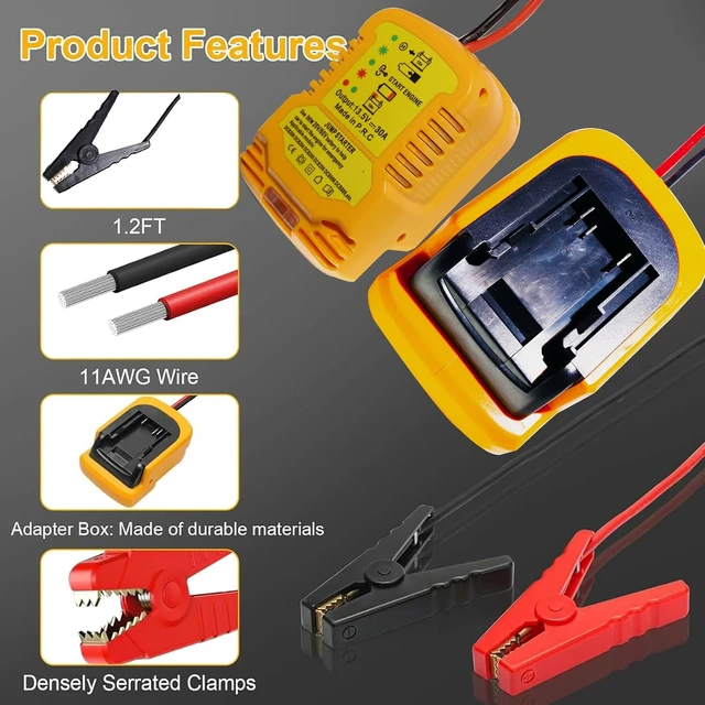 Alt view image 2 of 7 - CarJump Starter, Jumper Starter Adapter for DeWalt 20V 60V Battery, Jumper Cables 11AWG 1.2FT Automotive Booster Cable for Jump Starting Car Using Tool Battery