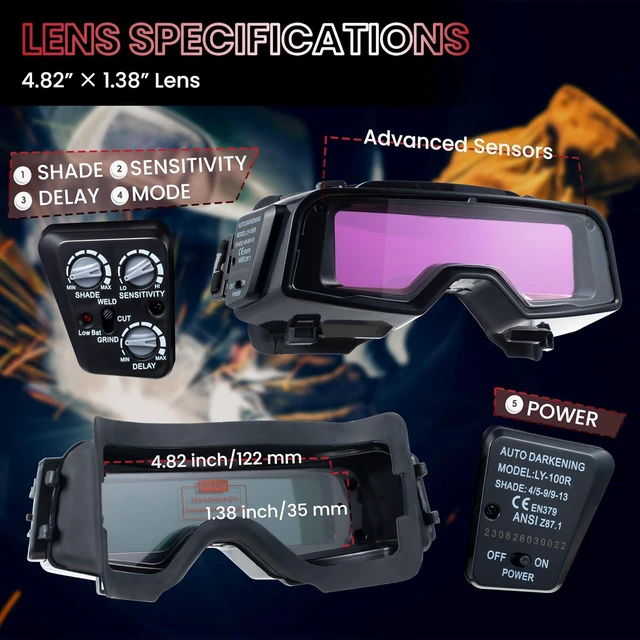 Alt view image 5 of 7 - Auto Darkening Welding Goggles, Wide Rang Shade 4/5-9/9-13, Welding Glasses with Welder Mask and 10 Replacement Lenses, Adjustable Sensitivity work for TIG MIG ARC Plasma Cutting