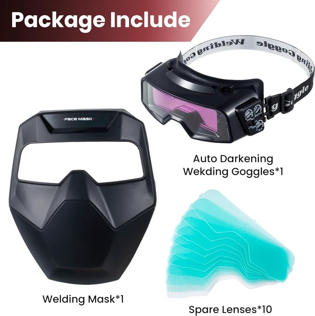Alt view image 2 of 7 - Auto Darkening Welding Goggles, Wide Rang Shade 4/5-9/9-13, Welding Glasses with Welder Mask and 10 Replacement Lenses, Adjustable Sensitivity work for TIG MIG ARC Plasma Cutting