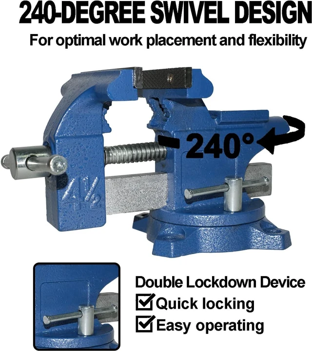 Alt view image 3 of 6 - Bench Vise 4.5 Inch Jaw Width 3.3 Inch Jaw Opening Home Vise - Secure Grip with 240° Swivel Base Home Vise Rotation Base - Assembled with a Combination of Heavy Duty Cast Iron and Steel - Blue