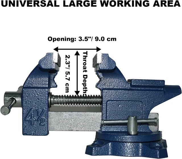 Alt view image 2 of 6 - Bench Vise 4.5 Inch Jaw Width 3.3 Inch Jaw Opening Home Vise - Secure Grip with 240° Swivel Base Home Vise Rotation Base - Assembled with a Combination of Heavy Duty Cast Iron and Steel - Blue