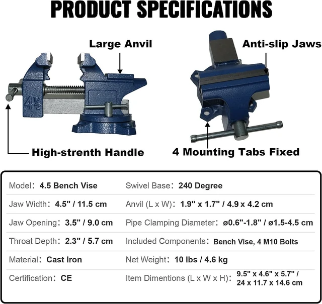 Alt view image 5 of 6 - Bench Vise 4.5 Inch Jaw Width 3.3 Inch Jaw Opening Home Vise - Secure Grip with 240° Swivel Base Home Vise Rotation Base - Assembled with a Combination of Heavy Duty Cast Iron and Steel - Blue