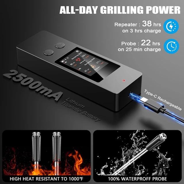 Alt view image 3 of 7 - Bluetooth Wireless Meat Thermometer, No App Needed, 800FT Range, Dual Ultra-Thin Probes, IP67 Waterproof, HD Touch Screen - Perfect for BBQ, Grill, Oven, Smoker & Kitchen Cooking