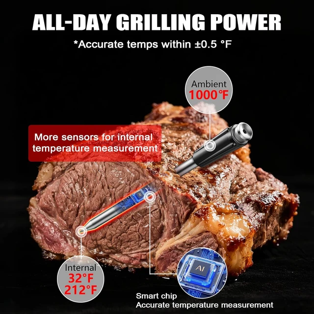 Alt view image 2 of 7 - Bluetooth Wireless Meat Thermometer, No App Needed, 800FT Range, Dual Ultra-Thin Probes, IP67 Waterproof, HD Touch Screen - Perfect for BBQ, Grill, Oven, Smoker & Kitchen Cooking