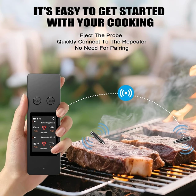 Alt view image 6 of 7 - Bluetooth Wireless Meat Thermometer, No App Needed, 800FT Range, Dual Ultra-Thin Probes, IP67 Waterproof, HD Touch Screen - Perfect for BBQ, Grill, Oven, Smoker & Kitchen Cooking