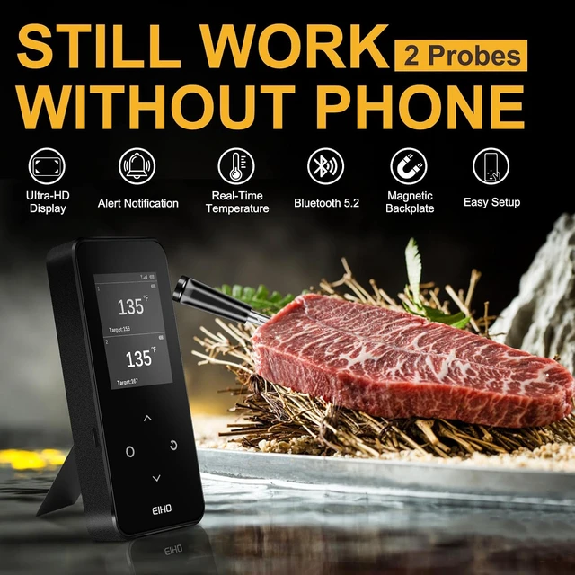 Alt view image 2 of 7 - Wireless Bluetooth Meat Thermometer, 2 Ultra-Thin Probes, Smart Base, 600FT