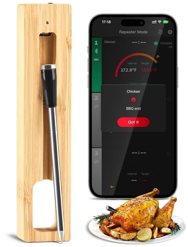 Main image of Smart Wireless Meat Thermometer with App Waterproof Probe, Long Range Real-Time Monitoring for Grill, Oven, Smoker, Steak, Chicken & Turkey