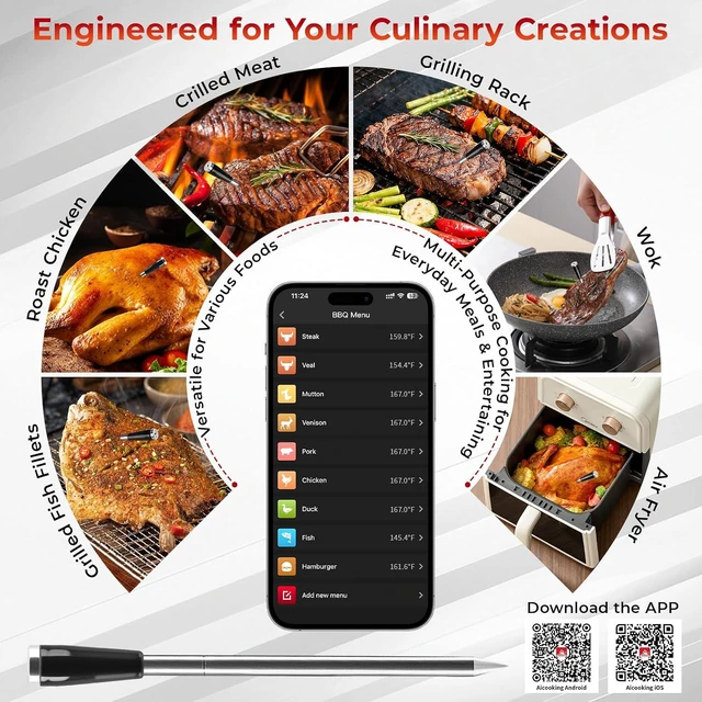 Alt view image 7 of 7 - Smart Wireless Meat Thermometer with App Waterproof Probe, Long Range Real-Time Monitoring for Grill, Oven, Smoker, Steak, Chicken & Turkey