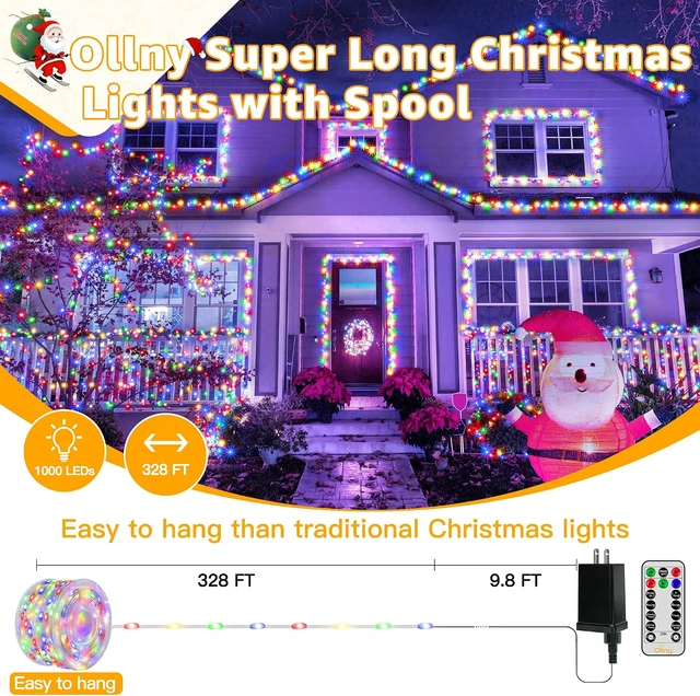 Alt view image 2 of 7 - Outdoor Christmas Lights 1000LED 328FT, Multicolor Fairy Lights IP67 Waterproof, Plug in String Light with Remote 8 Modes Timer, Xmas Light for Outside Indoor House Tree Decorations
