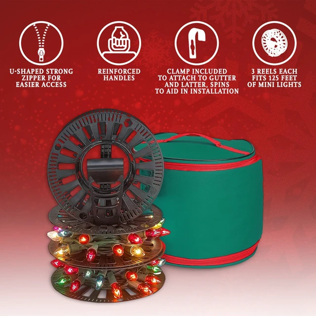Alt view image 2 of 7 - Premium Christmas Light Storage Bag Heavy-Duty 600D Tear-Proof Material with Reinforced Handles Includes 3 Reels, Stores up to 375 Ft of Mini Lights & Extension Cords Green with PVC Lining