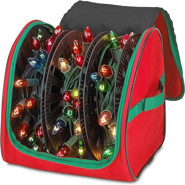 Main image of Premium Christmas Light Storage Bag Heavy Duty Tear Proof 600D/Inside PVC Material with Reinforced Handles - 3 Reels Stores up to 375 Ft of Mini Tree Lights & Extension Cords Red