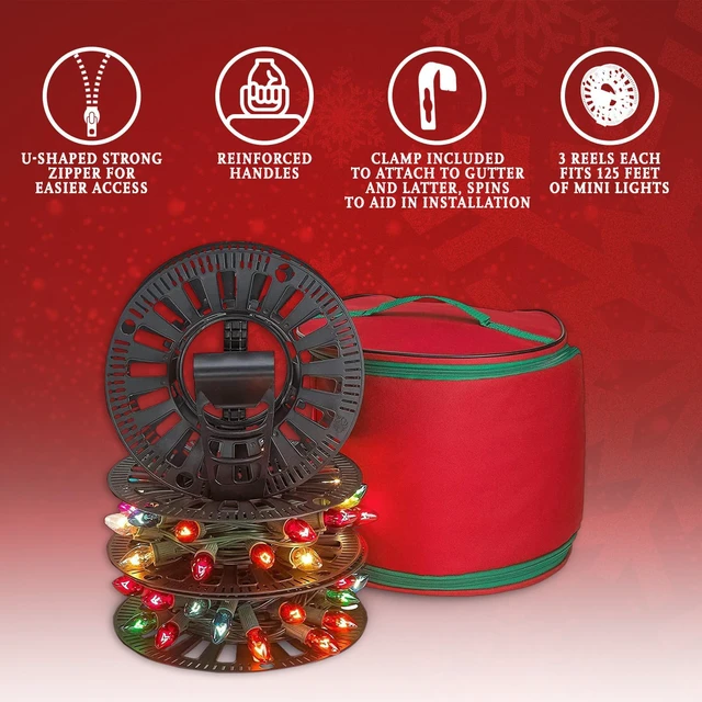 Alt view image 2 of 7 - Premium Christmas Light Storage Bag Heavy Duty Tear Proof 600D/Inside PVC Material with Reinforced Handles - 3 Reels Stores up to 375 Ft of Mini Tree Lights & Extension Cords Red