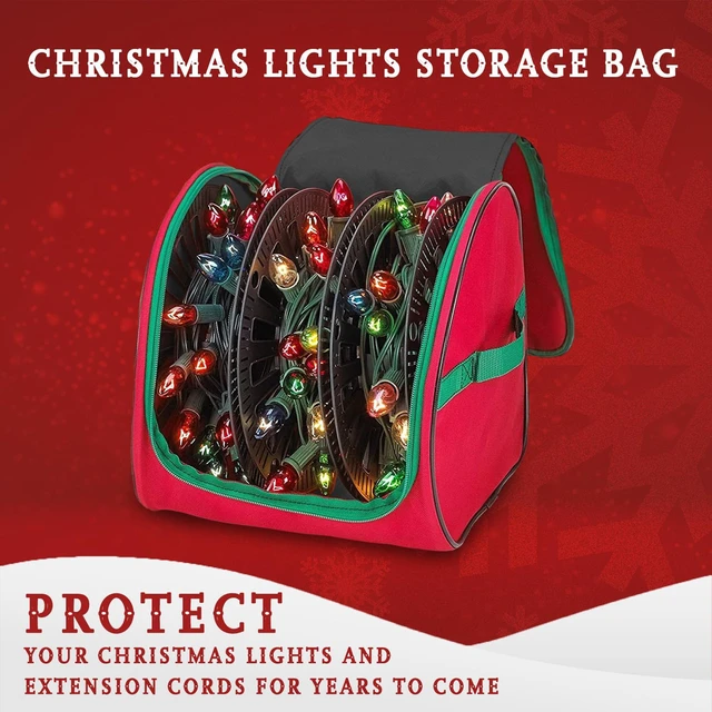 Alt view image 3 of 7 - Premium Christmas Light Storage Bag Heavy Duty Tear Proof 600D/Inside PVC Material with Reinforced Handles - 3 Reels Stores up to 375 Ft of Mini Tree Lights & Extension Cords Red