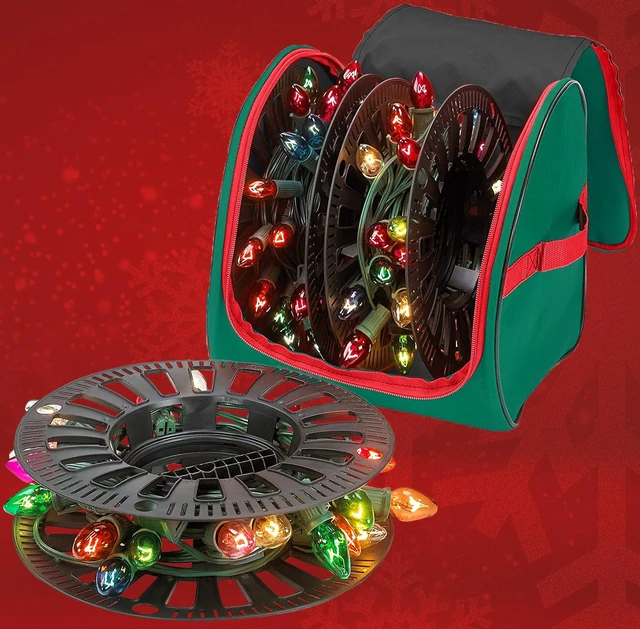 Alt view image 7 of 7 - Premium Christmas Light Storage Bag Heavy-Duty 600D Tear-Proof Material with Reinforced Handles Includes 3 Reels, Stores up to 375 Ft of Mini Lights & Extension Cords Green with PVC Lining