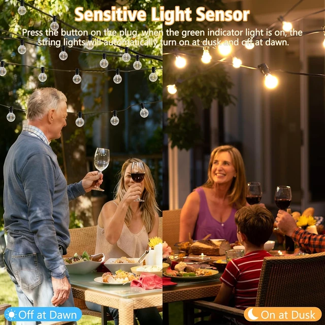 Alt view image 3 of 7 - LED Outdoor String Lights, 100FT LED Patio Lights with Light Sensor Timer, 52 Shatterproof Globe Bulbs(2 Spare), Waterproof Connectable Hanging Lights for Backyard Porch Balcony Decor
