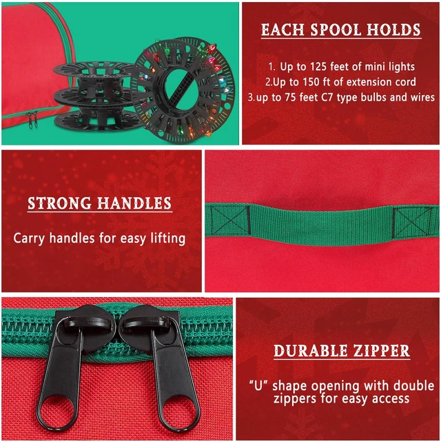 Alt view image 7 of 7 - Premium Christmas Light Storage Bag Heavy Duty Tear Proof 600D/Inside PVC Material with Reinforced Handles - 3 Reels Stores up to 375 Ft of Mini Tree Lights & Extension Cords Red