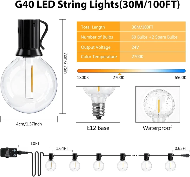Alt view image 6 of 7 - LED Outdoor String Lights, 100FT LED Patio Lights with Light Sensor Timer, 52 Shatterproof Globe Bulbs(2 Spare), Waterproof Connectable Hanging Lights for Backyard Porch Balcony Decor