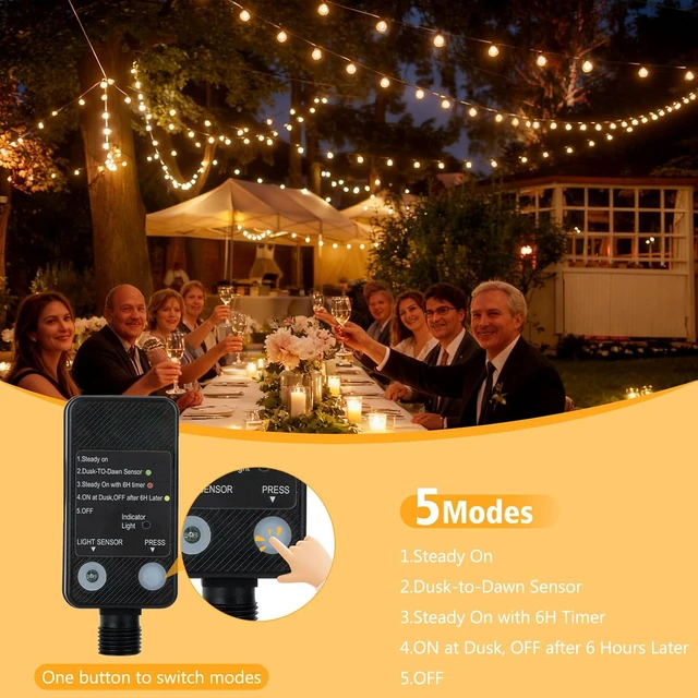 Alt view image 2 of 7 - LED Outdoor String Lights, 100FT LED Patio Lights with Light Sensor Timer, 52 Shatterproof Globe Bulbs(2 Spare), Waterproof Connectable Hanging Lights for Backyard Porch Balcony Decor