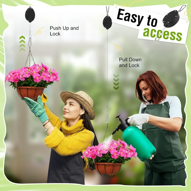 Alt view image 2 of 6 - Plant Pulleys for Hanging Plants, Heavy Duty Retractable Hangers, 304 Stainless Steel Rope, Auto Plant Holder, Adjustable Climbing Hook for Garden Baskets Watering, or Bird Feeders (Black-6)