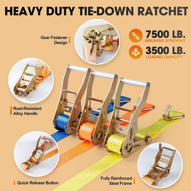 Alt view image 4 of 7 - 4Pack 2Inch Ratchet Straps Heavy Duty 20 Ft Tie-Down Ratcheting with J-Hook