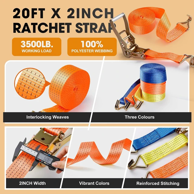 Alt view image 3 of 7 - 4Pack 2Inch Ratchet Straps Heavy Duty 20 Ft Tie-Down Ratcheting with J-Hook
