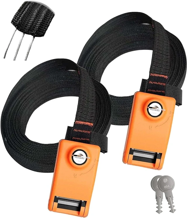 Main image of 2 Pack Lockable Tie Down Strap, with 3 Stainless Steel Cables, for Lashing Locking Kayak, Bike, Surfboard, 10 Feet Each