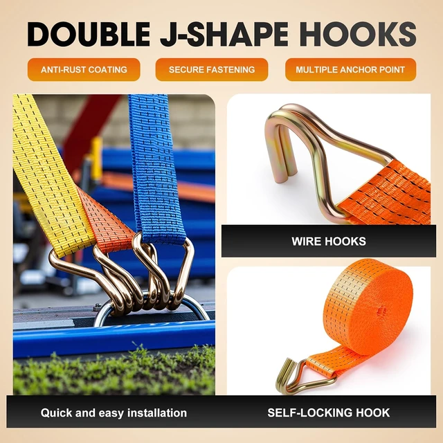 Alt view image 5 of 7 - 4Pack 2Inch Ratchet Straps Heavy Duty 20 Ft Tie-Down Ratcheting with J-Hook