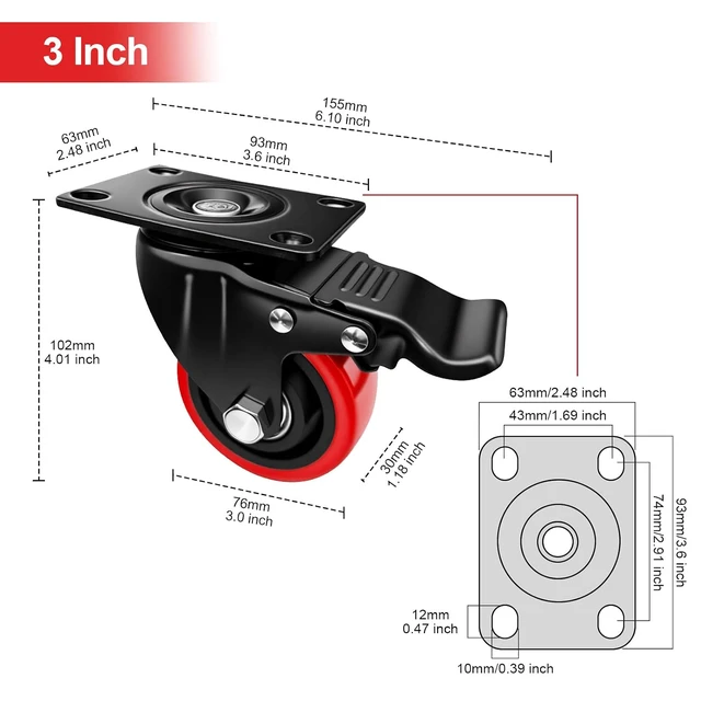 Alt view image 7 of 7 - 3" Caster Wheels,3 inch Heavy Duty Casters with Brake Set of 8