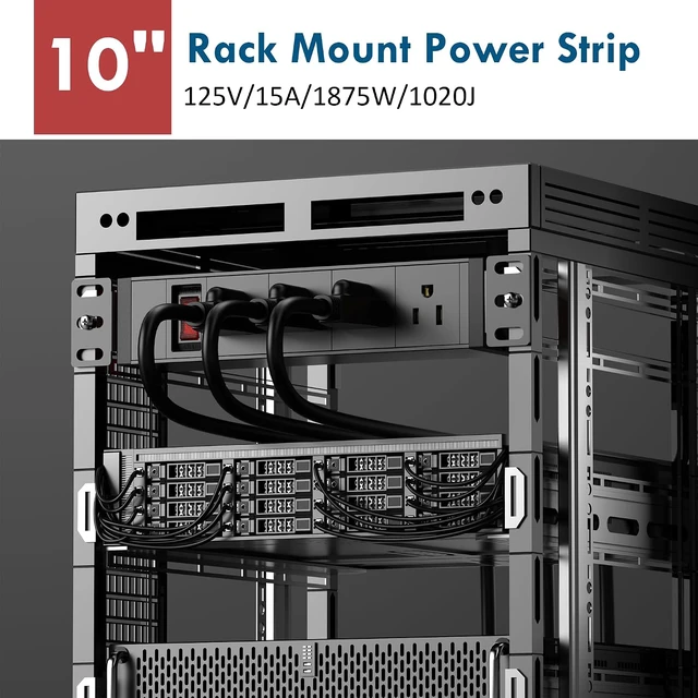 Alt view image 2 of 7 - 10 Inch Rack PDU Power Strip,1U RackMount Surge Protector Power Strip with15A Overload Switch, 360° Rotatable Mounting, for 10'' Mini Server Network Cabinets/Rack/Self, 6ft Cable