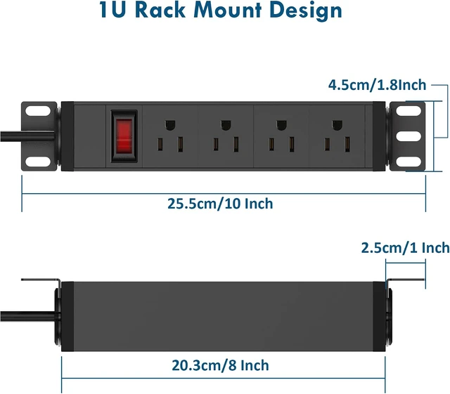 Alt view image 5 of 7 - 10 Inch Rack PDU Power Strip,1U RackMount Surge Protector Power Strip with15A Overload Switch, 360° Rotatable Mounting, for 10'' Mini Server Network Cabinets/Rack/Self, 6ft Cable