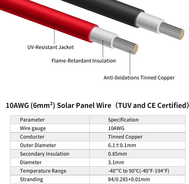 Alt view image 2 of 5 - 10AWG (6mm²) Solar Panel Extension Cable 30FT - Black & Red, Heavy Duty, Weather Resistant, Standard Solar Connectors Solar Extension Cable for Solar Power Systems, RVs, Boats